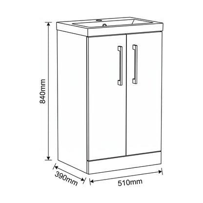 [BALARN2201AH018] Bramshall Floor Standing 2-Door Vanity & Mid-Edge Basin – Choice of Colour and Handle Finish - Technical Drawing