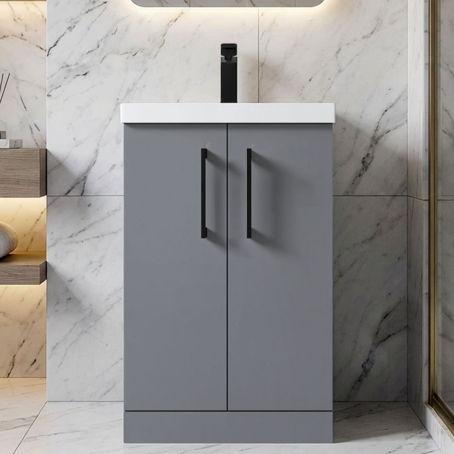 [BALARN2201AH018] Bramshall Floor Standing 2 Door Vanity Basin Unit with Mid-Edge Basin, 500mm, Choice of Colour and Handle Finish - Silo