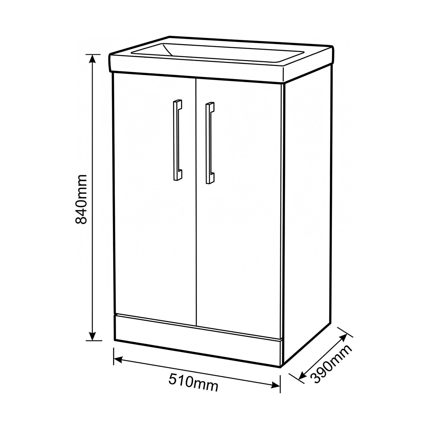 [BALARN2201AH019] Bramshall Floor Standing 2-Door Vanity & Mid-Edge Basin – Choice of Colour and Handle Finish - Technical Drawing