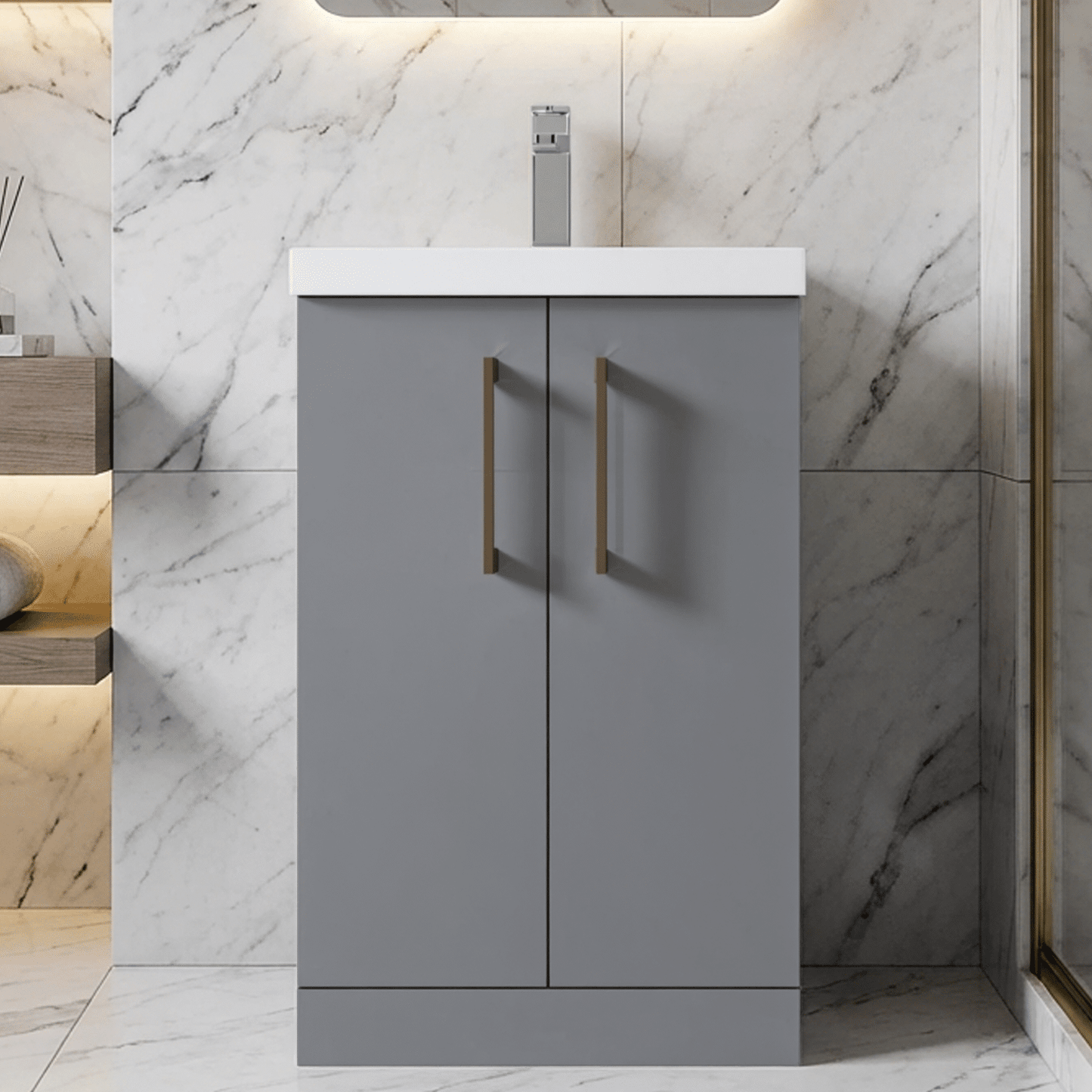 [BALARN2201AH019] Bramshall Floor Standing 2 Door Vanity Basin Unit with Mid-Edge Basin, 500mm, Choice of Colour and Handle Finish - Silo