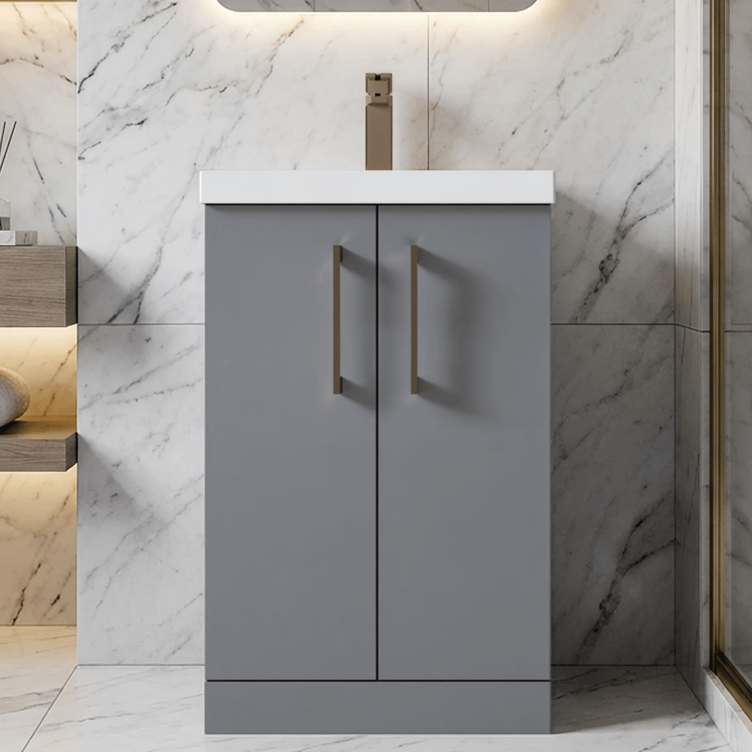 [BALARN2201AH1516] Bramshall Floor Standing 2 Door Vanity Basin Unit with Mid-Edge Basin, 500mm, Choice of Colour and Handle Finish - Silo