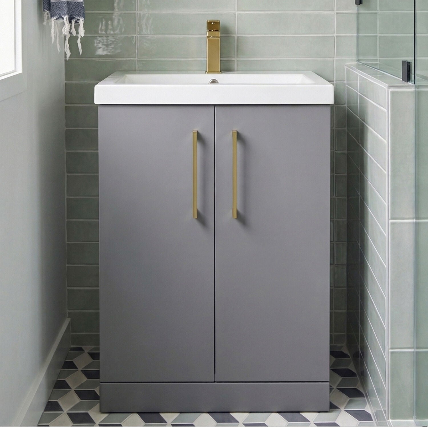 [BALARN2203AH017] Bramshall Floor Standing 2 Door Vanity Basin Unit with Mid-Edge Basin, 600mm, Choice of Colour and Handle Finish - Silo