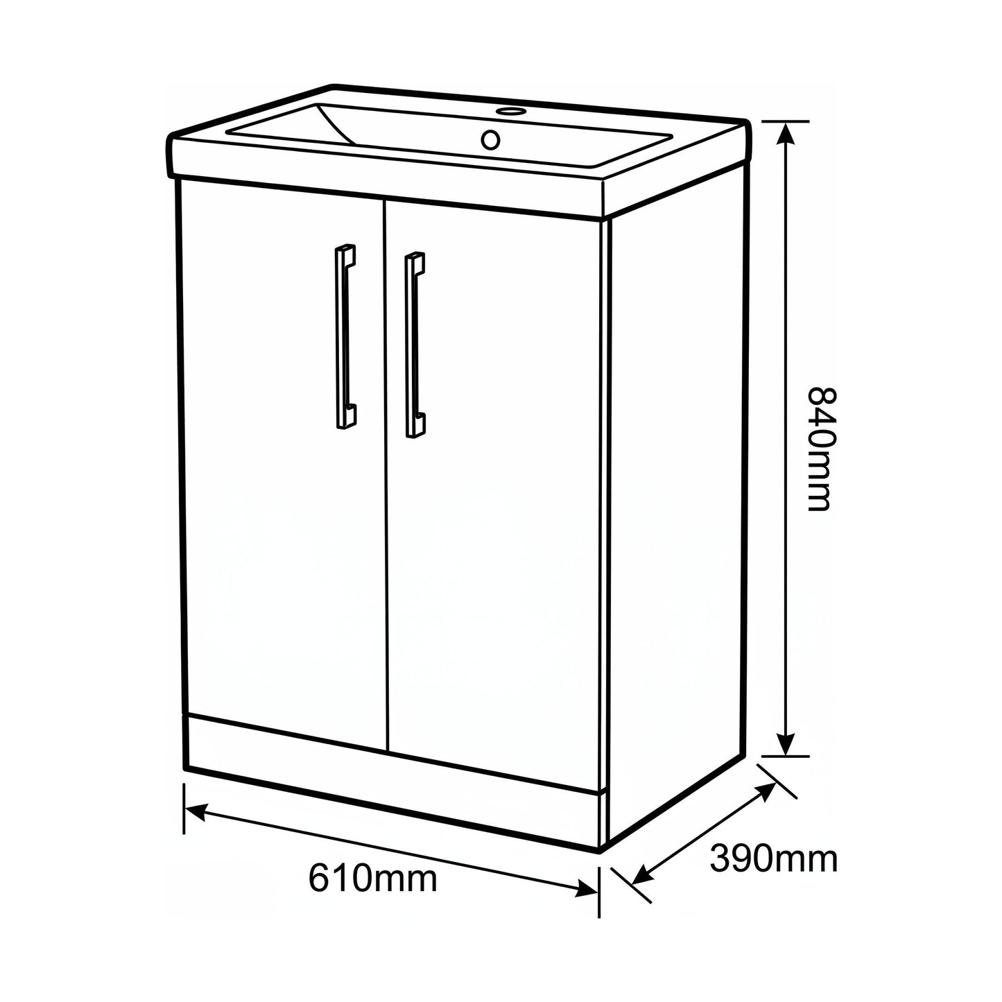[BALARN2203AH018] Bramshall Floor Standing 2-Door Vanity & Mid-Edge Basin – Choice of Colour and Handle Finish - Technical Drawing