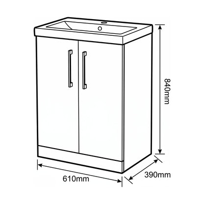 [BALARN2203AH018] Bramshall Floor Standing 2-Door Vanity & Mid-Edge Basin – Choice of Colour and Handle Finish - Technical Drawing