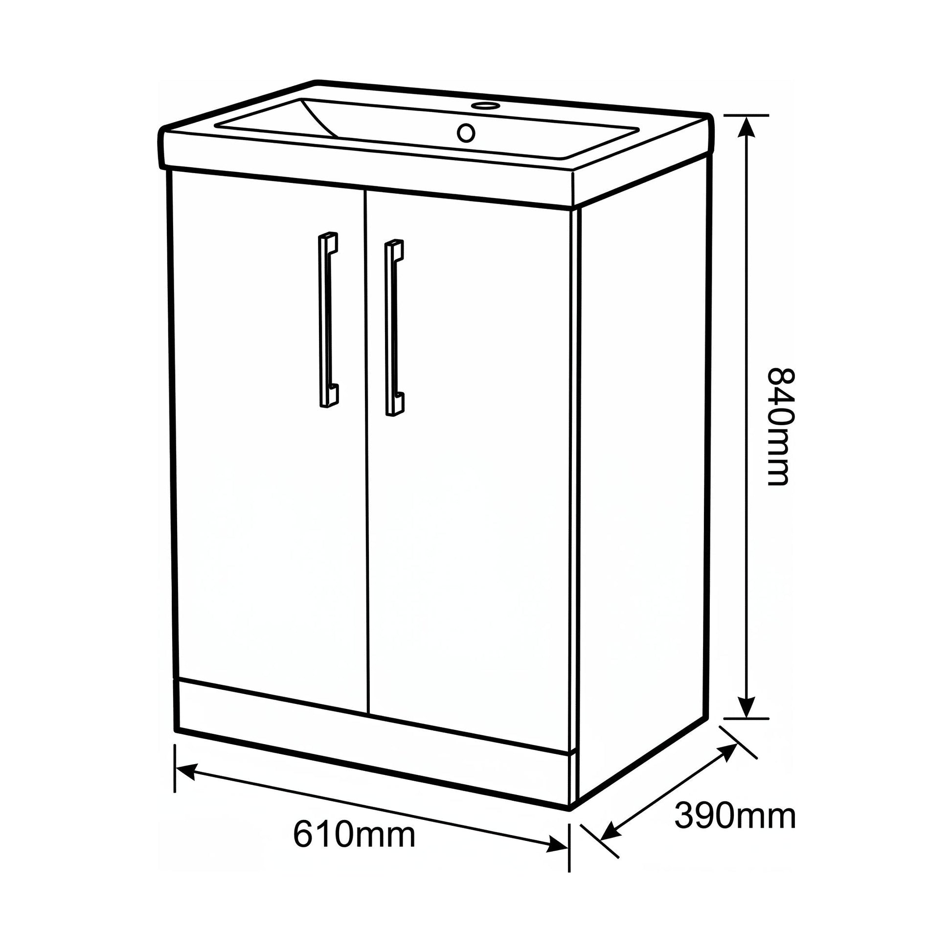 [BALARN2203AH018] Bramshall Floor Standing 2-Door Vanity & Mid-Edge Basin – Choice of Colour and Handle Finish - Technical Drawing