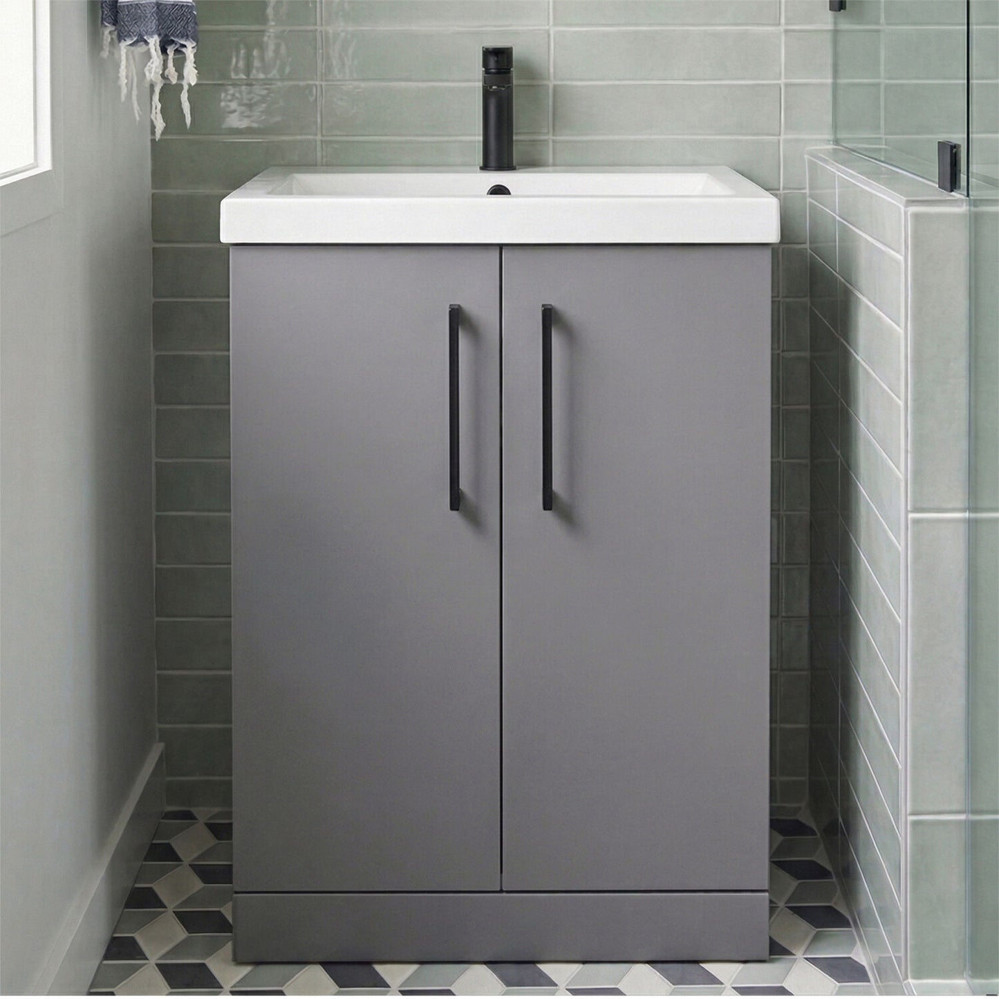 [BALARN2203AH018] Bramshall Floor Standing 2 Door Vanity Basin Unit with Mid-Edge Basin, 600mm, Choice of Colour and Handle Finish - Silo