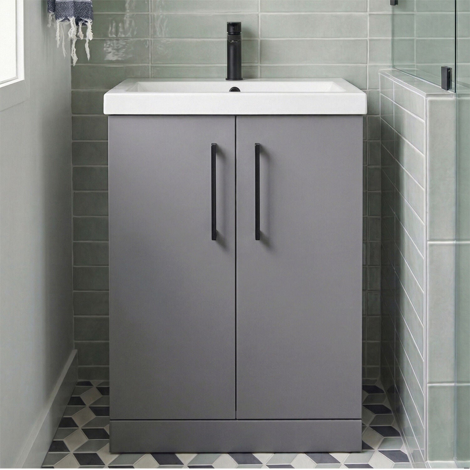 [BALARN2203AH018] Bramshall Floor Standing 2 Door Vanity Basin Unit with Mid-Edge Basin, 600mm, Choice of Colour and Handle Finish - Silo