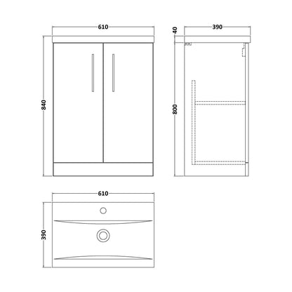 [BALARN2203AH019] Balterley Bramshall Modern Bathroom 2 Soft Close Door & Mid-Edge Vanity Unit Basin, Satin Grey, 600mm - Technical Drawing