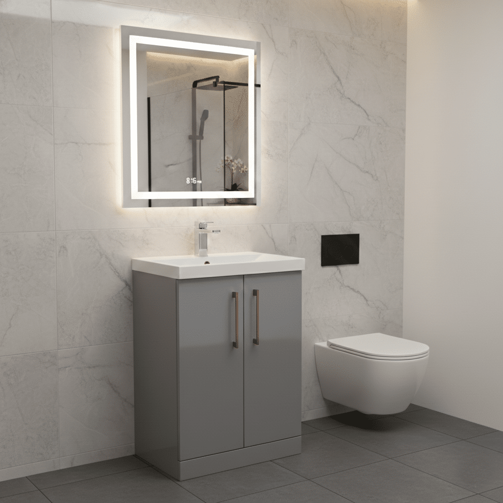 [BALARN2203AH019] Balterley Bramshall Modern Bathroom 2 Soft Close Door & Mid-Edge Vanity Unit Basin, Satin Grey, 600mm - Lifestyle 2