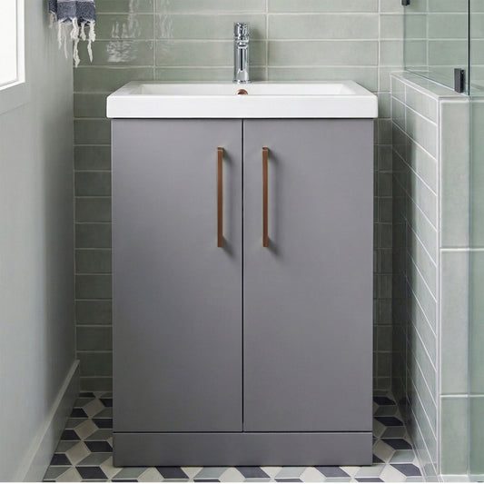 [BALARN2203AH019] Balterley Bramshall Modern Bathroom 2 Soft Close Door & Mid-Edge Vanity Unit Basin, Satin Grey, 600mm - Silo