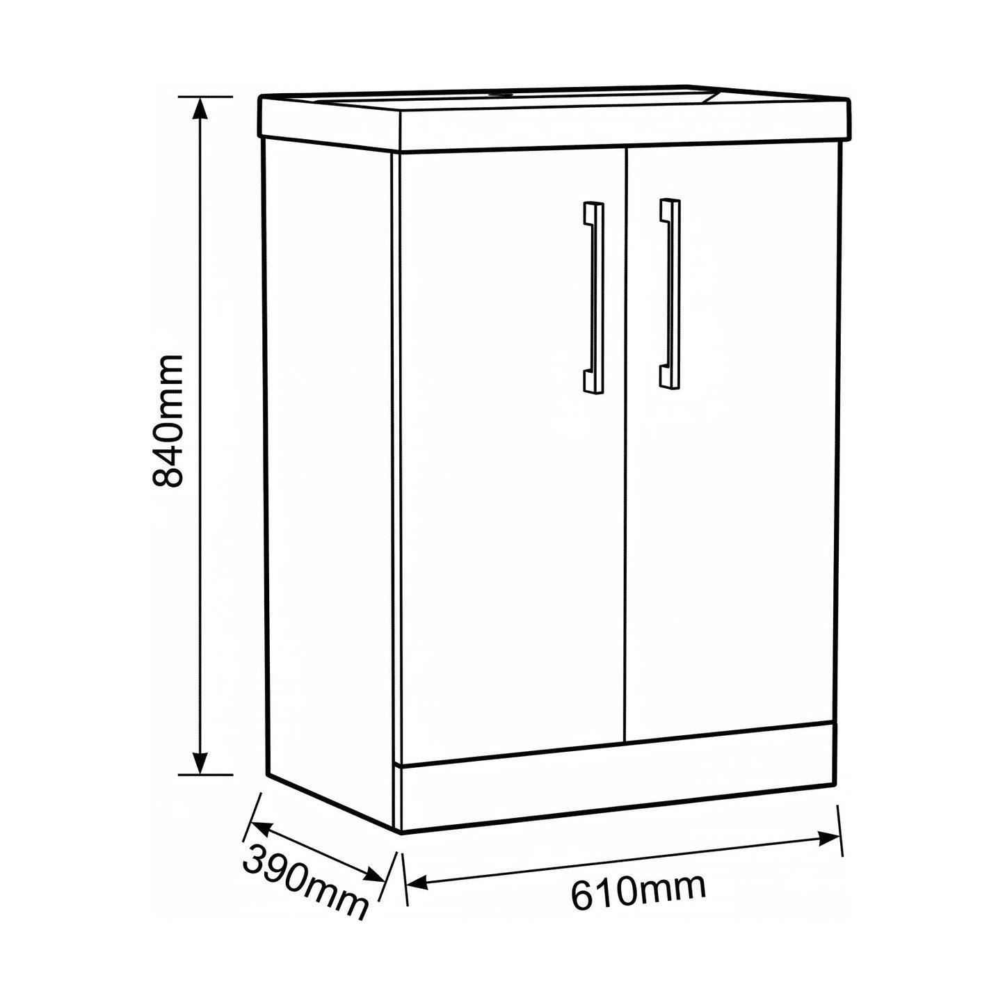 [BALARN2203AH716] Bramshall Floor Standing 2-Door Vanity & Mid-Edge Basin – Choice of Colour and Handle Finish - Technical Drawing