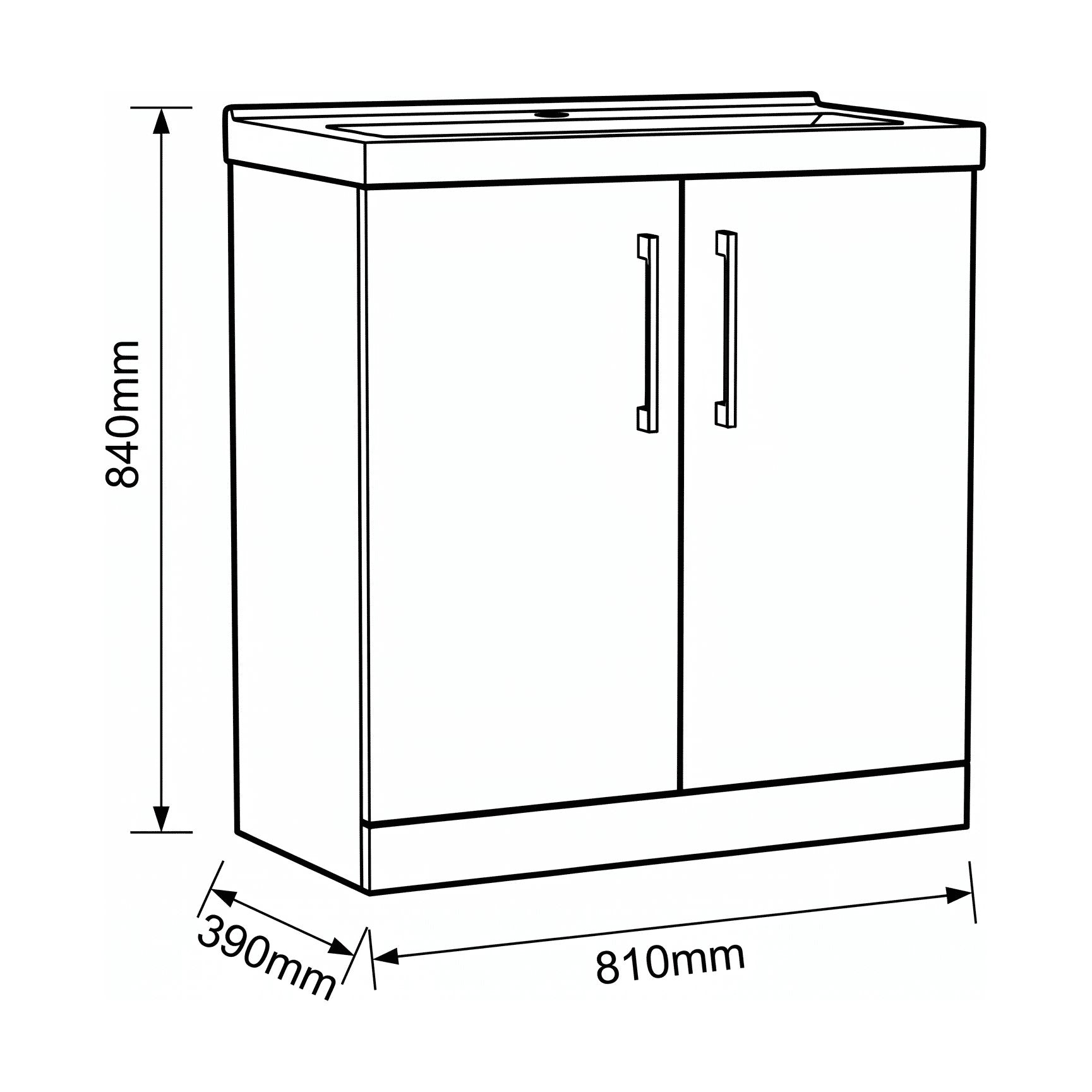 [BALARN2205AH019] Bramshall Floor Standing 2-Door Vanity & Mid-Edge Basin – Choice of Colour and Handle Finish - Technical Drawing