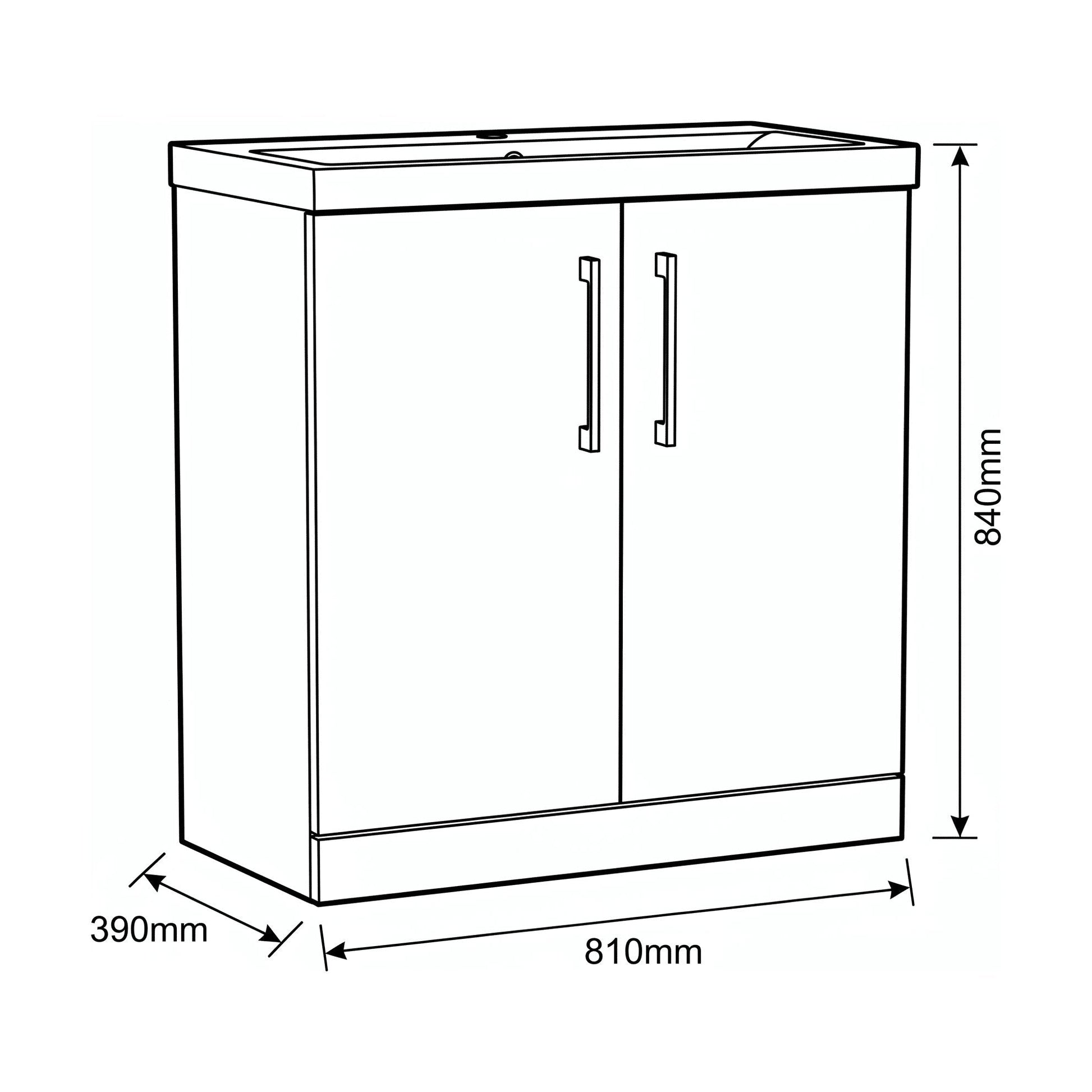 [BALARN2205AH1516] Bramshall Floor Standing 2-Door Vanity & Mid-Edge Basin – Choice of Colour and Handle Finish - Technical Drawing