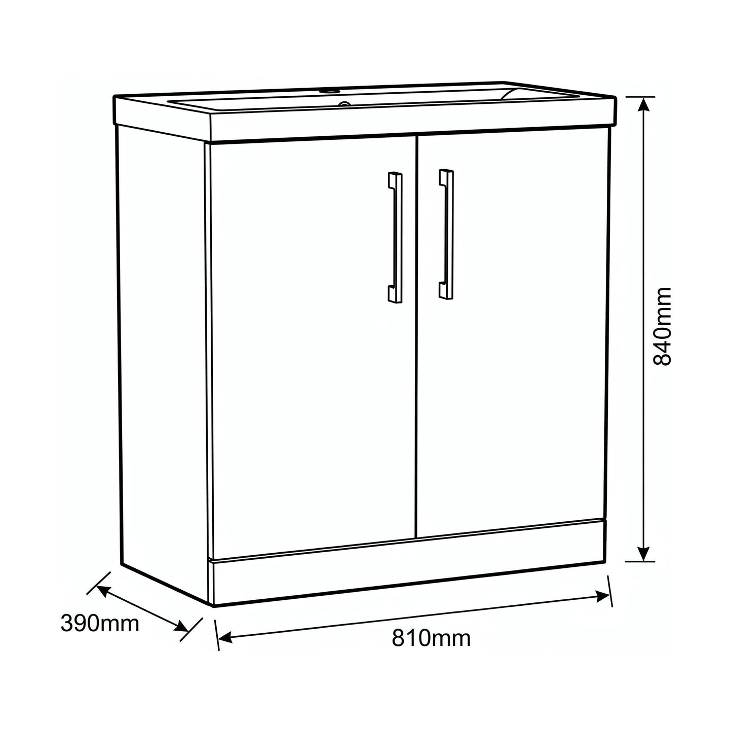 [BALARN2205AH1516] Bramshall Floor Standing 2-Door Vanity & Mid-Edge Basin – Choice of Colour and Handle Finish - Technical Drawing