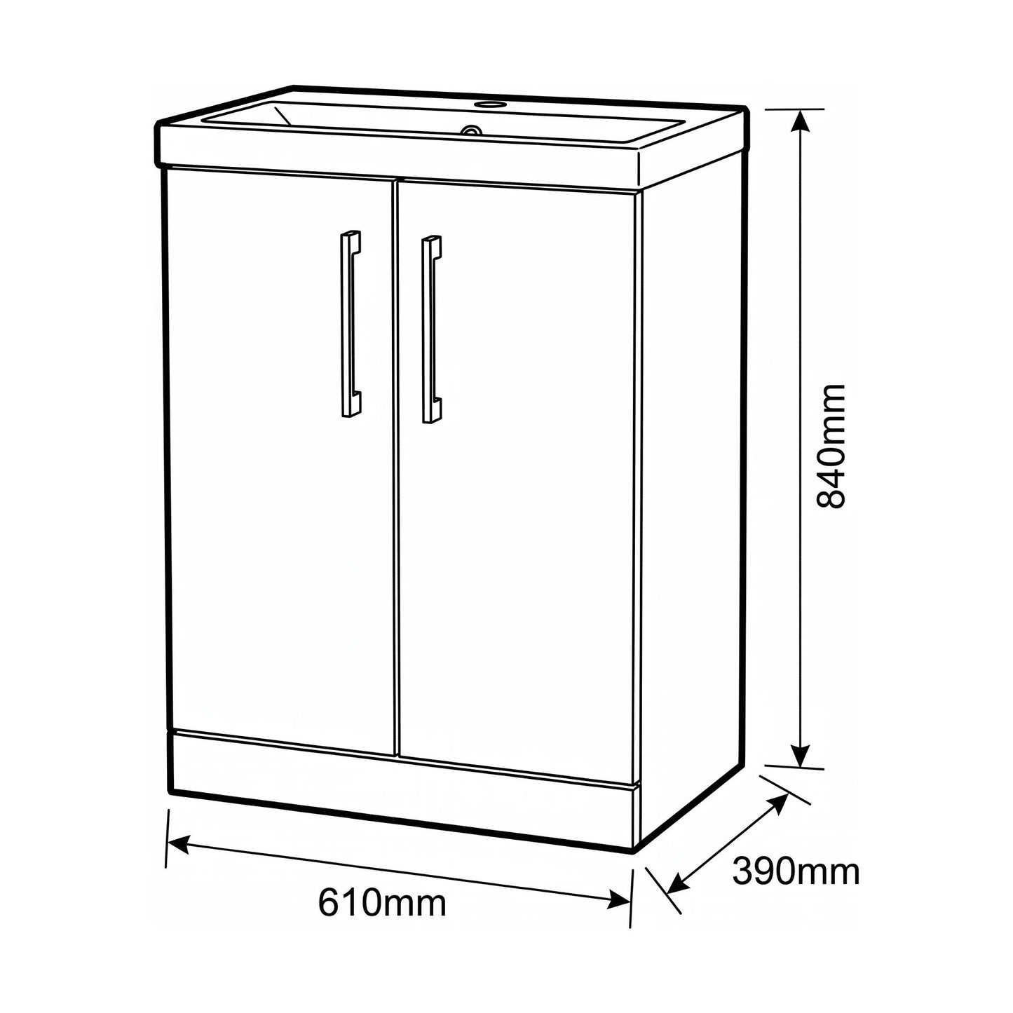 [BALARN2503AH017] Bramshall Floor Standing 2-Door Vanity & Mid-Edge Basin – Choice of Colour and Handle Finish - Technical Drawing