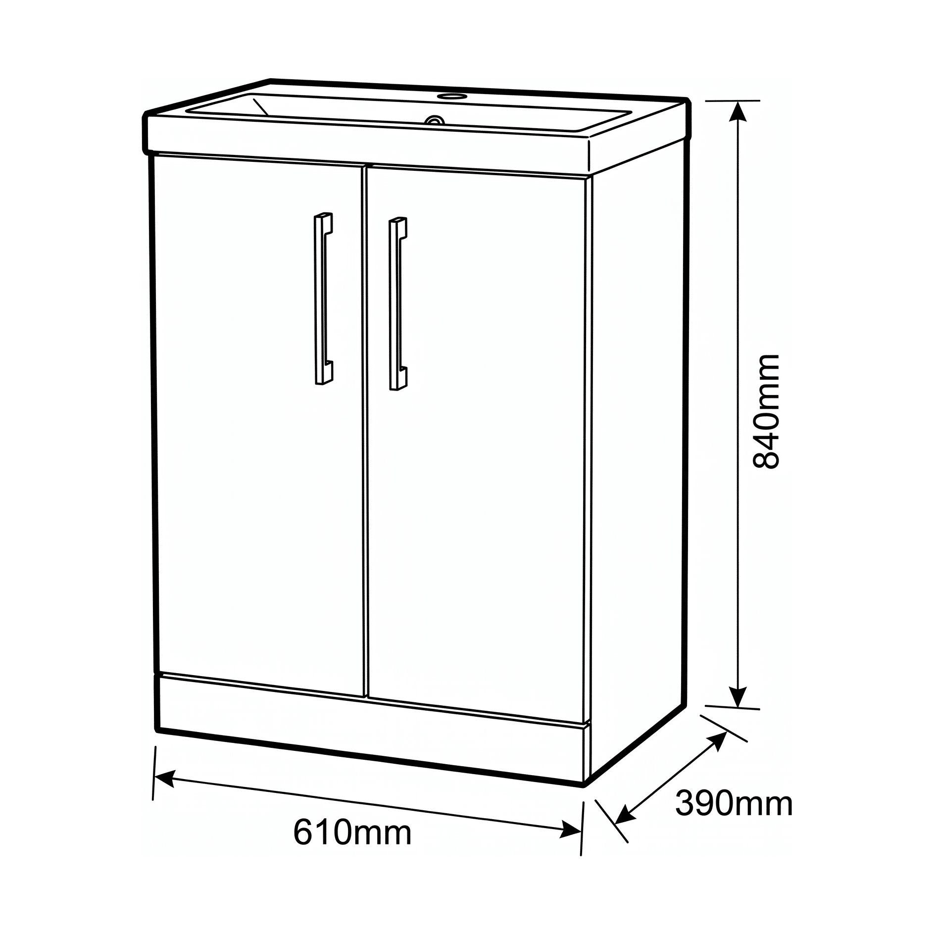 [BALARN2503AH017] Bramshall Floor Standing 2-Door Vanity & Mid-Edge Basin – Choice of Colour and Handle Finish - Technical Drawing