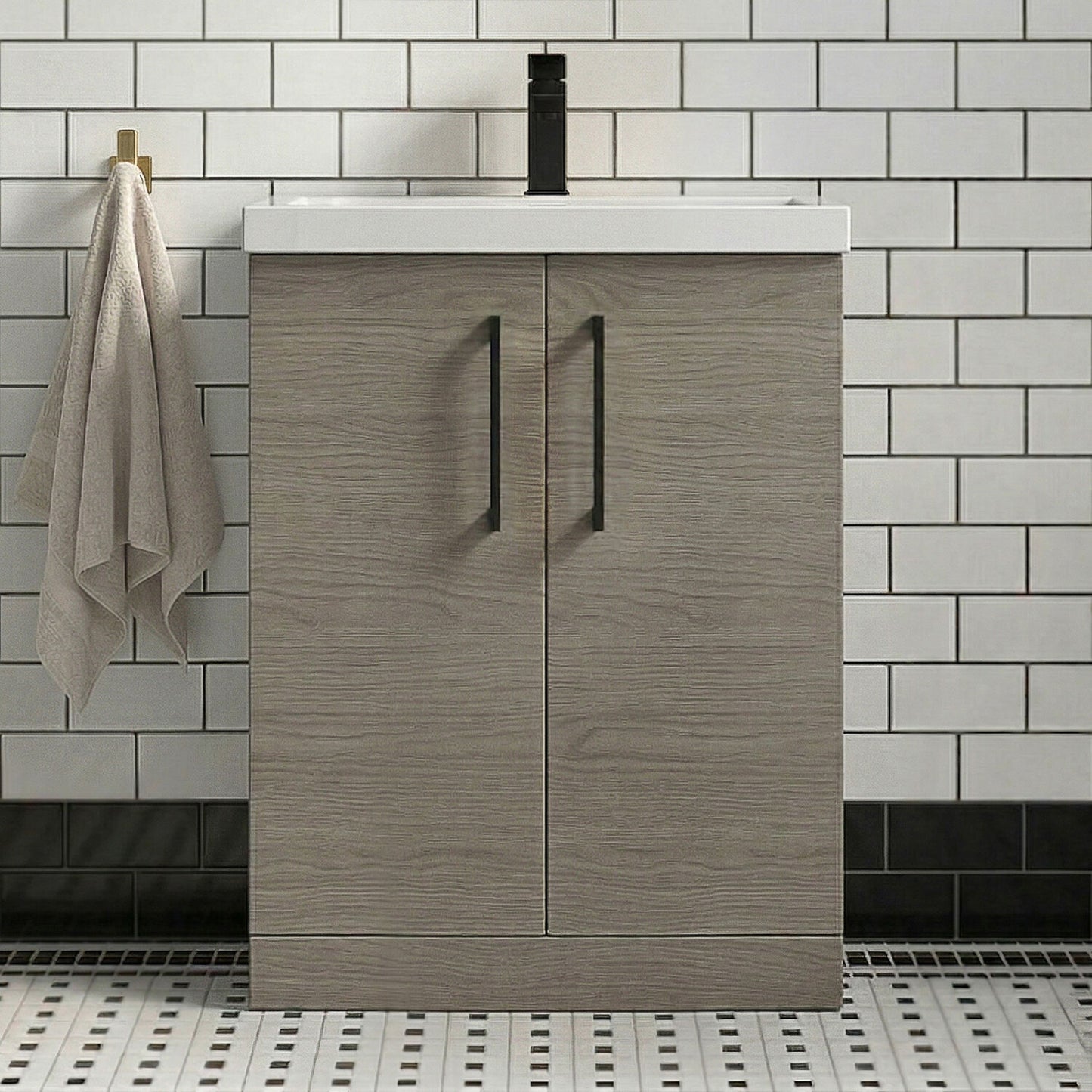 [BALARN2503AH018] Bramshall Floor Standing 2 Door Vanity Basin Unit with Mid-Edge Basin, 600mm, Choice of Colour and Handle Finish - Silo