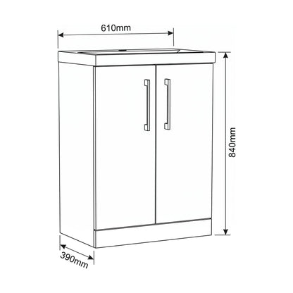 [BALARN2503AH019] Bramshall Floor Standing 2-Door Vanity & Mid-Edge Basin – Choice of Colour and Handle Finish - Technical Drawing