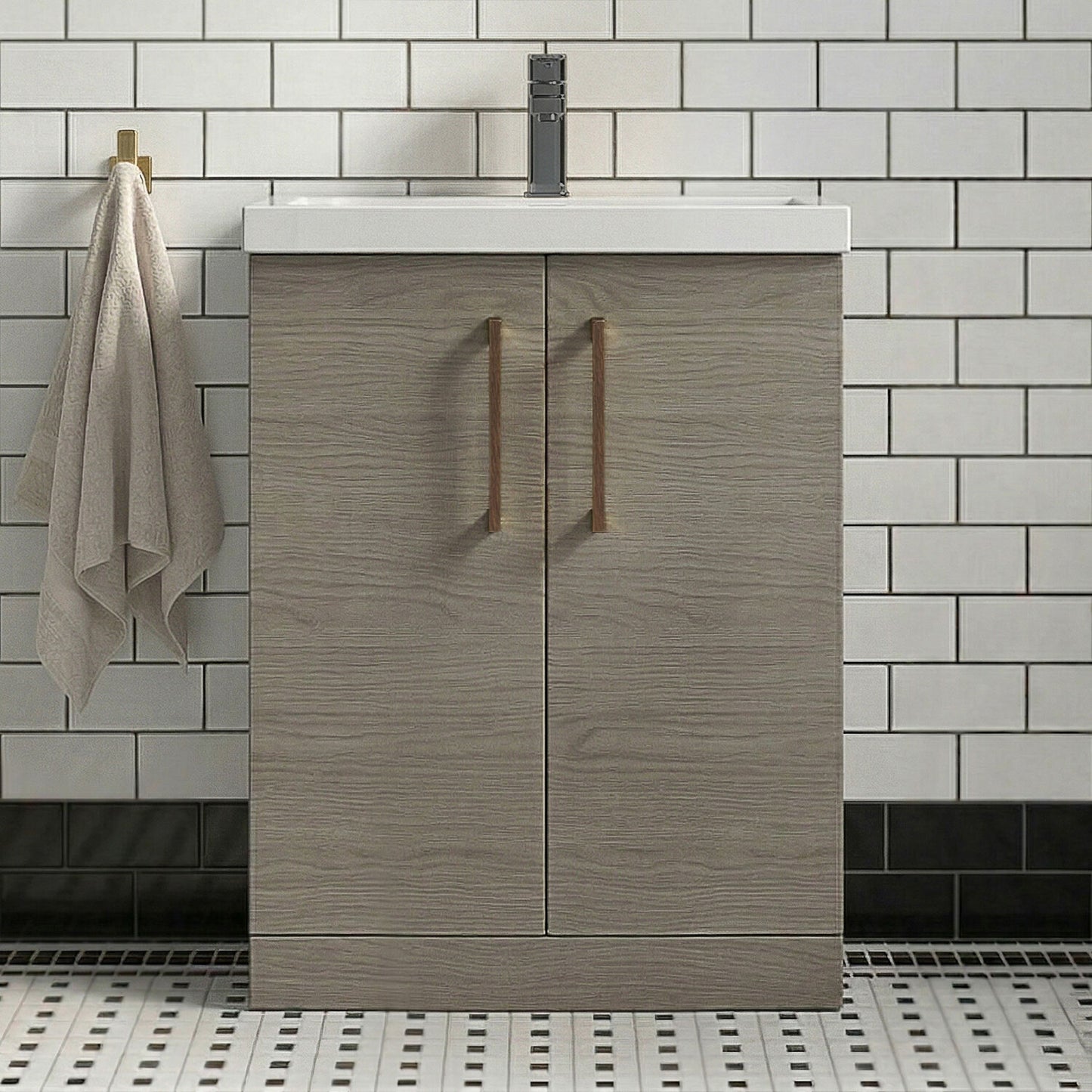[BALARN2503AH019] Bramshall Floor Standing 2 Door Vanity Basin Unit with Mid-Edge Basin, 600mm, Choice of Colour and Handle Finish - Silo