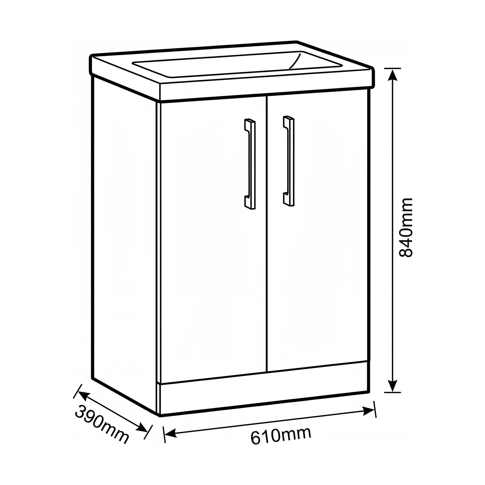 [BALARN2503AH1516] Bramshall Floor Standing 2-Door Vanity & Mid-Edge Basin – Choice of Colour and Handle Finish - Technical Drawing