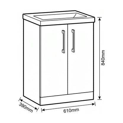 [BALARN2503AH1516] Bramshall Floor Standing 2-Door Vanity & Mid-Edge Basin – Choice of Colour and Handle Finish - Technical Drawing