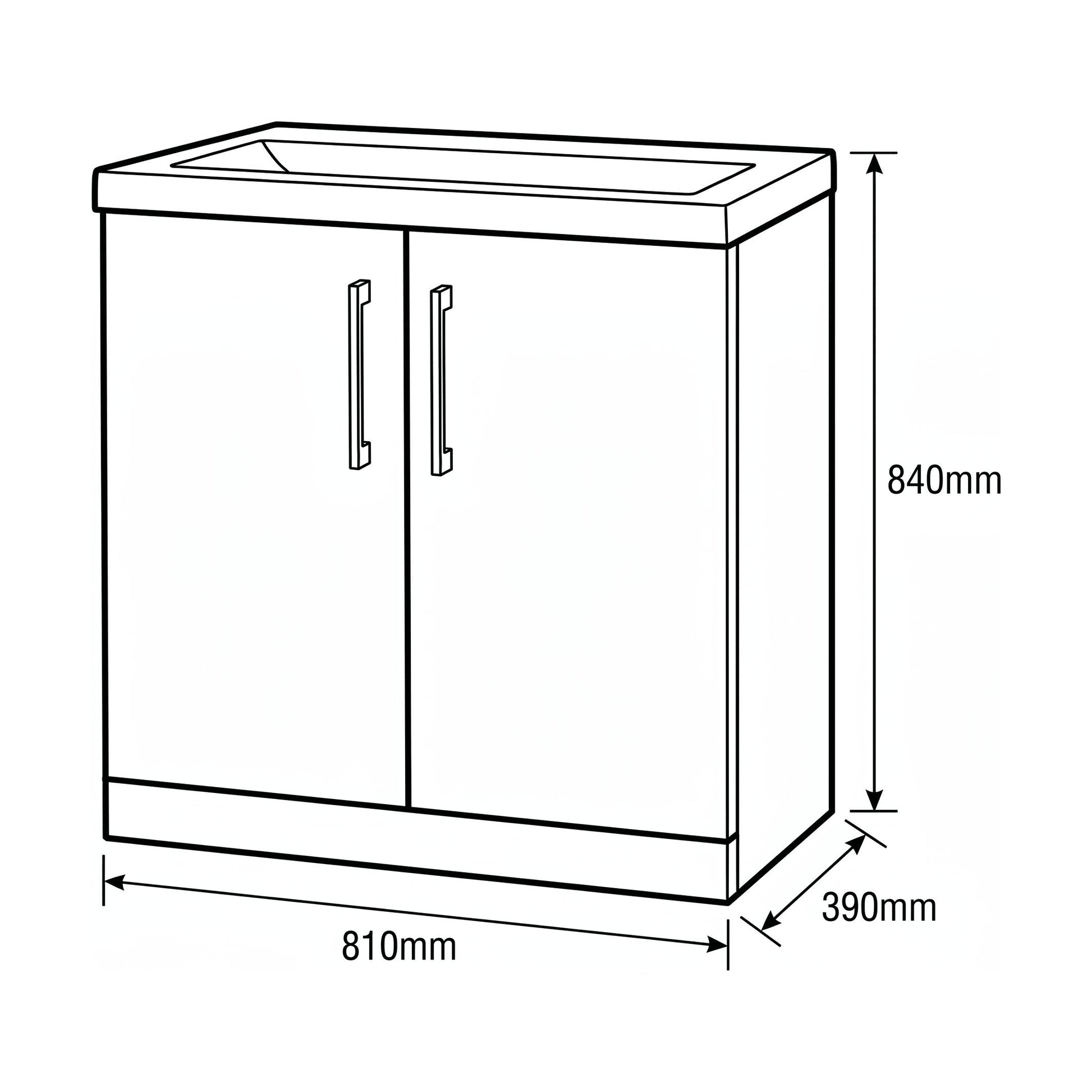 [BALARN2505AH017] Bramshall Floor Standing 2-Door Vanity & Mid-Edge Basin – Choice of Colour and Handle Finish - Technical Drawing