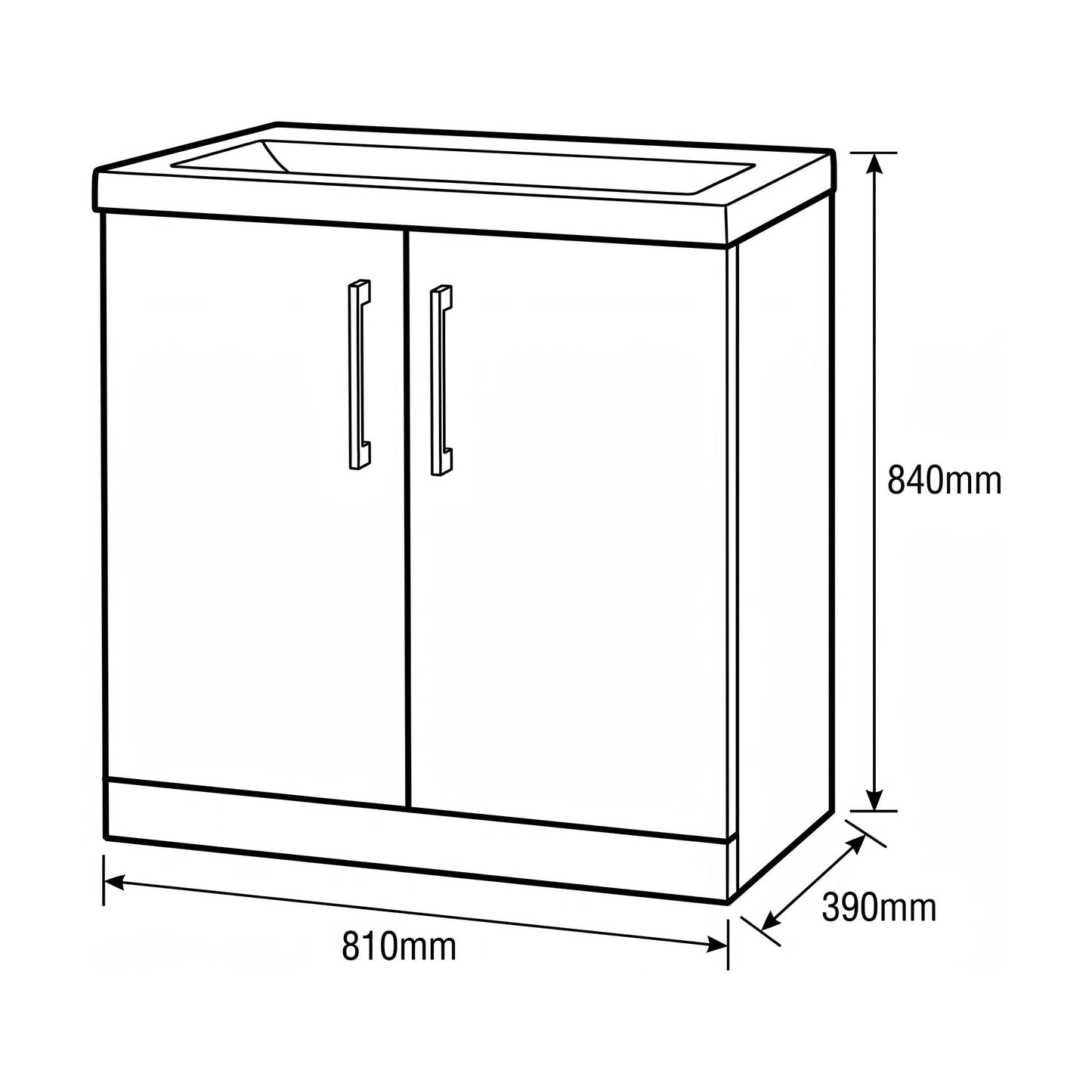 [BALARN2505AH017] Bramshall Floor Standing 2-Door Vanity & Mid-Edge Basin – Choice of Colour and Handle Finish - Technical Drawing
