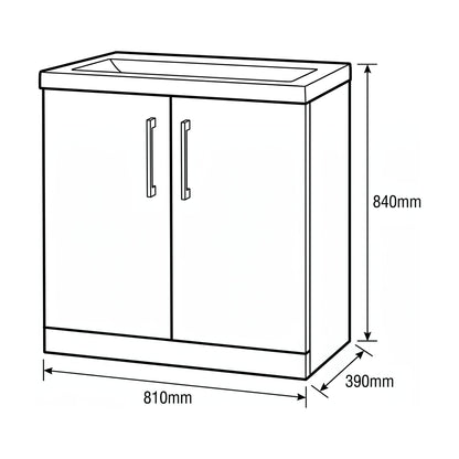[BALARN2505AH017] Bramshall Floor Standing 2-Door Vanity & Mid-Edge Basin – Choice of Colour and Handle Finish - Technical Drawing