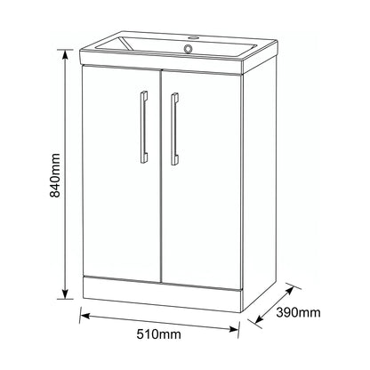 [BALARN2901AH017] Bramshall Floor Standing 2-Door Vanity & Mid-Edge Basin – Choice of Colour and Handle Finish - Technical Drawing