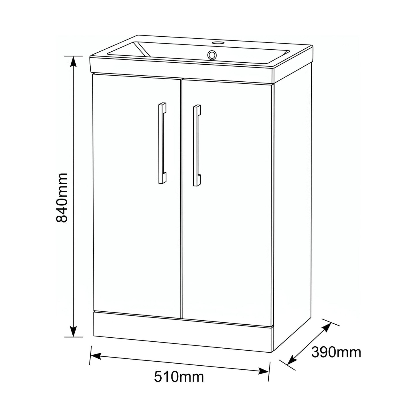 [BALARN2901AH017] Bramshall Floor Standing 2-Door Vanity & Mid-Edge Basin – Choice of Colour and Handle Finish - Technical Drawing