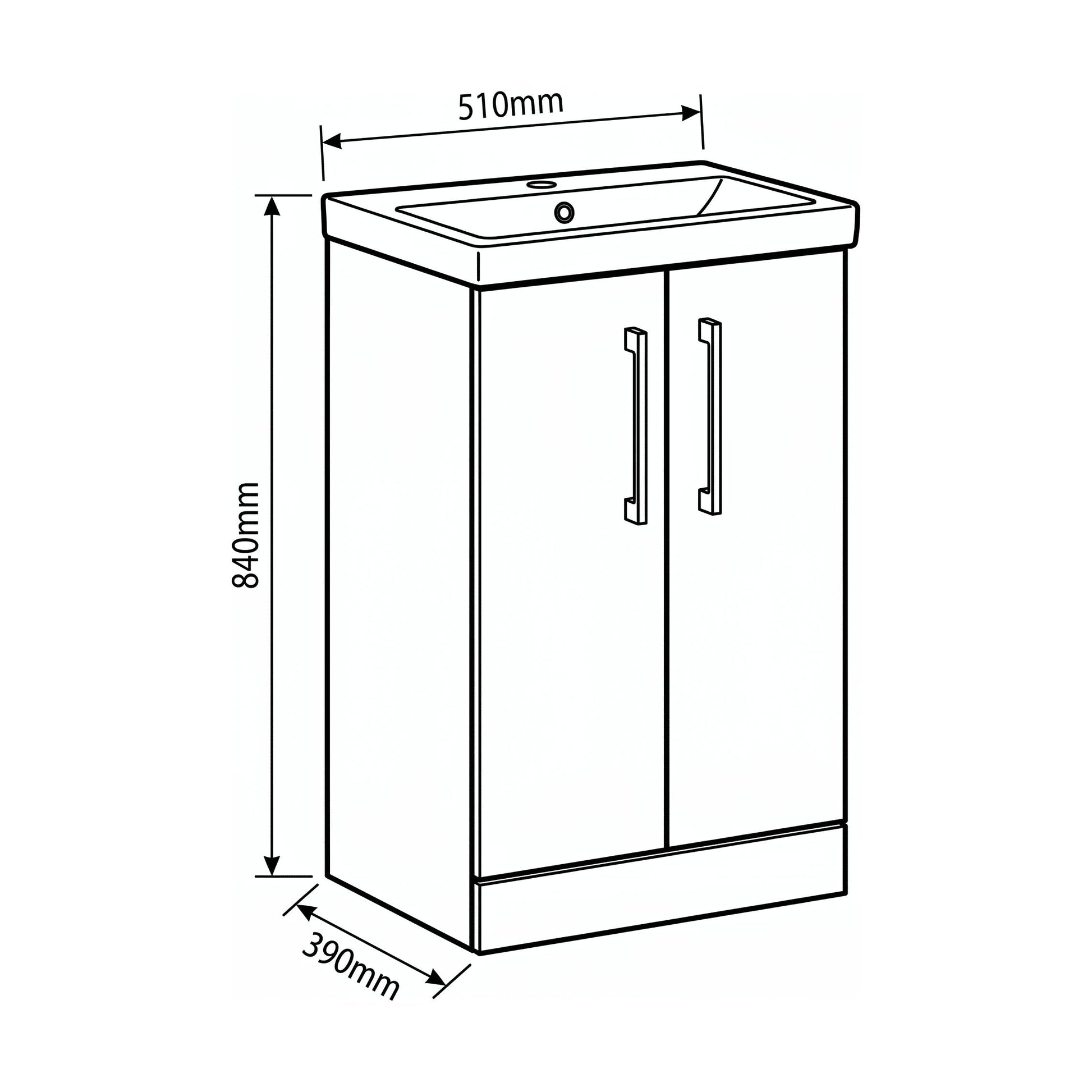 [BALARN2901AH018] Bramshall Floor Standing 2-Door Vanity & Mid-Edge Basin – Choice of Colour and Handle Finish - Technical Drawing