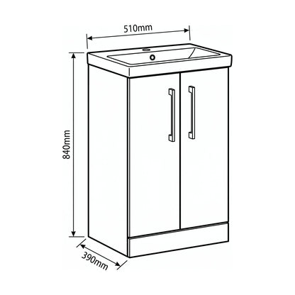 [BALARN2901AH018] Bramshall Floor Standing 2-Door Vanity & Mid-Edge Basin – Choice of Colour and Handle Finish - Technical Drawing