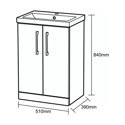 [BALARN2901AH716] Bramshall Floor Standing 2-Door Vanity & Mid-Edge Basin – Choice of Colour and Handle Finish - Technical Drawing