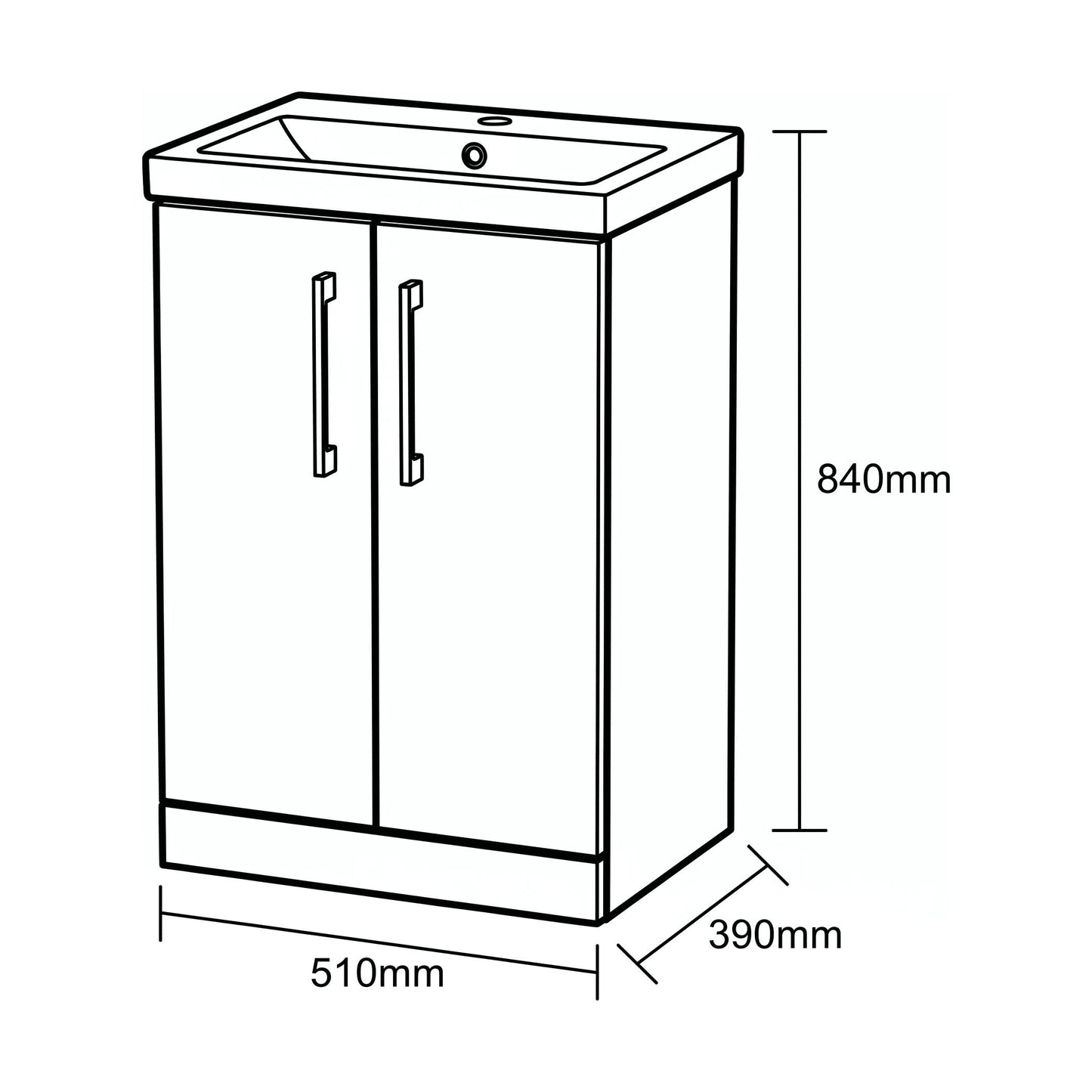 [BALARN2901AH716] Bramshall Floor Standing 2-Door Vanity & Mid-Edge Basin – Choice of Colour and Handle Finish - Technical Drawing