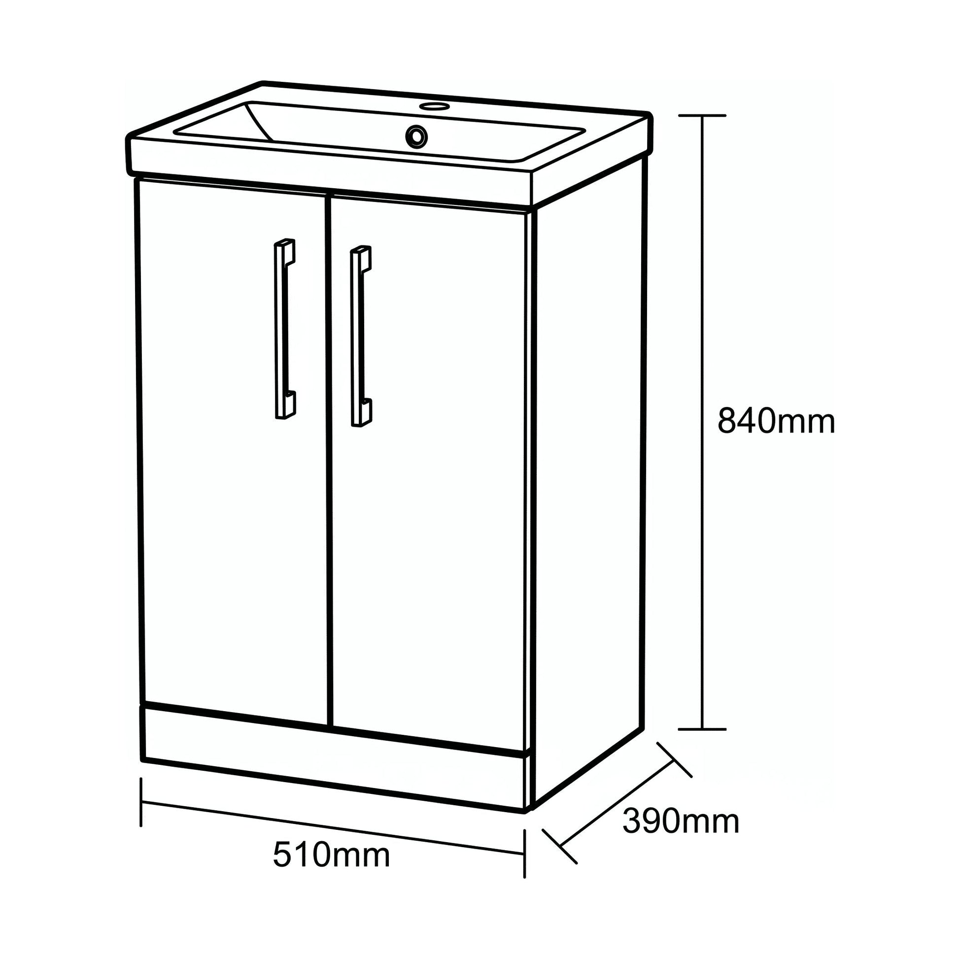 [BALARN2901AH716] Bramshall Floor Standing 2-Door Vanity & Mid-Edge Basin – Choice of Colour and Handle Finish - Technical Drawing