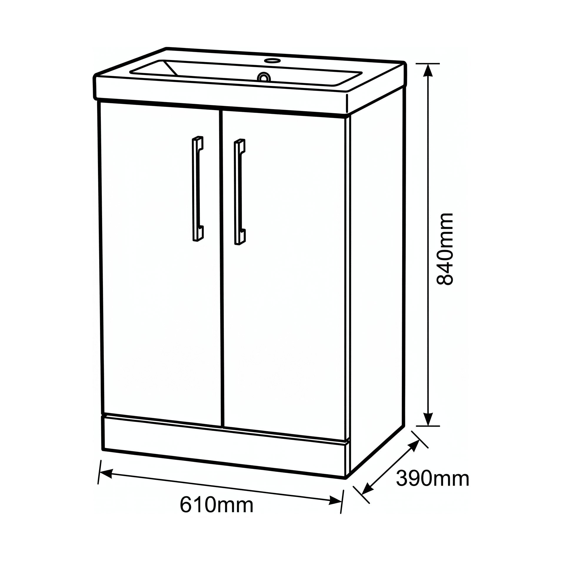[BALARN2903AH1516] Bramshall Floor Standing 2-Door Vanity & Mid-Edge Basin – Choice of Colour and Handle Finish - Technical Drawing