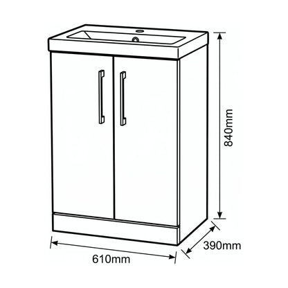 [BALARN2903AH1516] Bramshall Floor Standing 2-Door Vanity & Mid-Edge Basin – Choice of Colour and Handle Finish - Technical Drawing