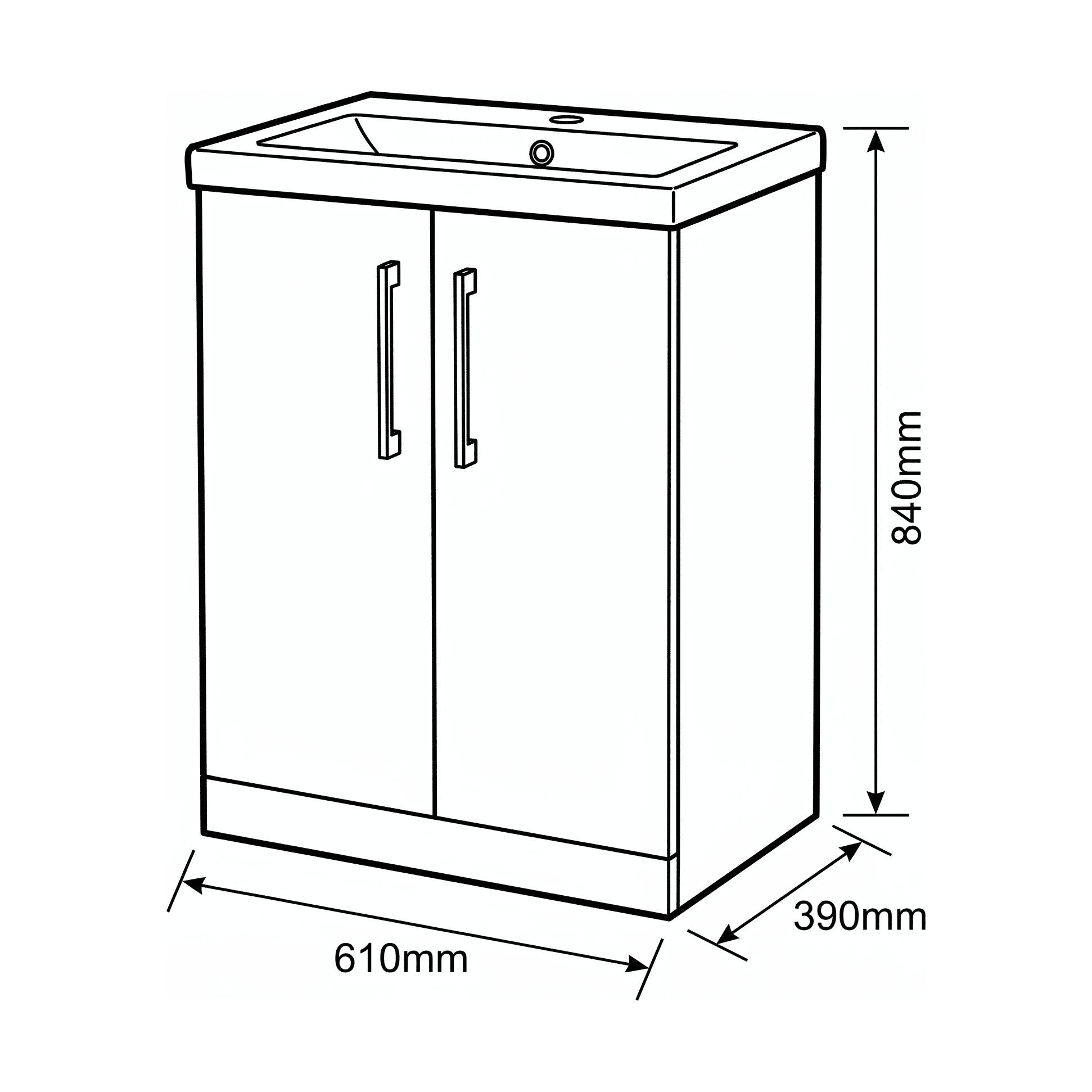 [BALARN2903AH716] Bramshall Floor Standing 2-Door Vanity & Mid-Edge Basin – Choice of Colour and Handle Finish - Technical Drawing