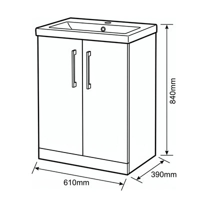 [BALARN2903AH716] Bramshall Floor Standing 2-Door Vanity & Mid-Edge Basin – Choice of Colour and Handle Finish - Technical Drawing