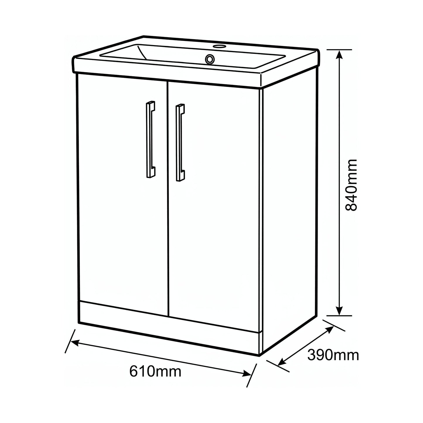 [BALARN2903AH716] Bramshall Floor Standing 2-Door Vanity & Mid-Edge Basin – Choice of Colour and Handle Finish - Technical Drawing
