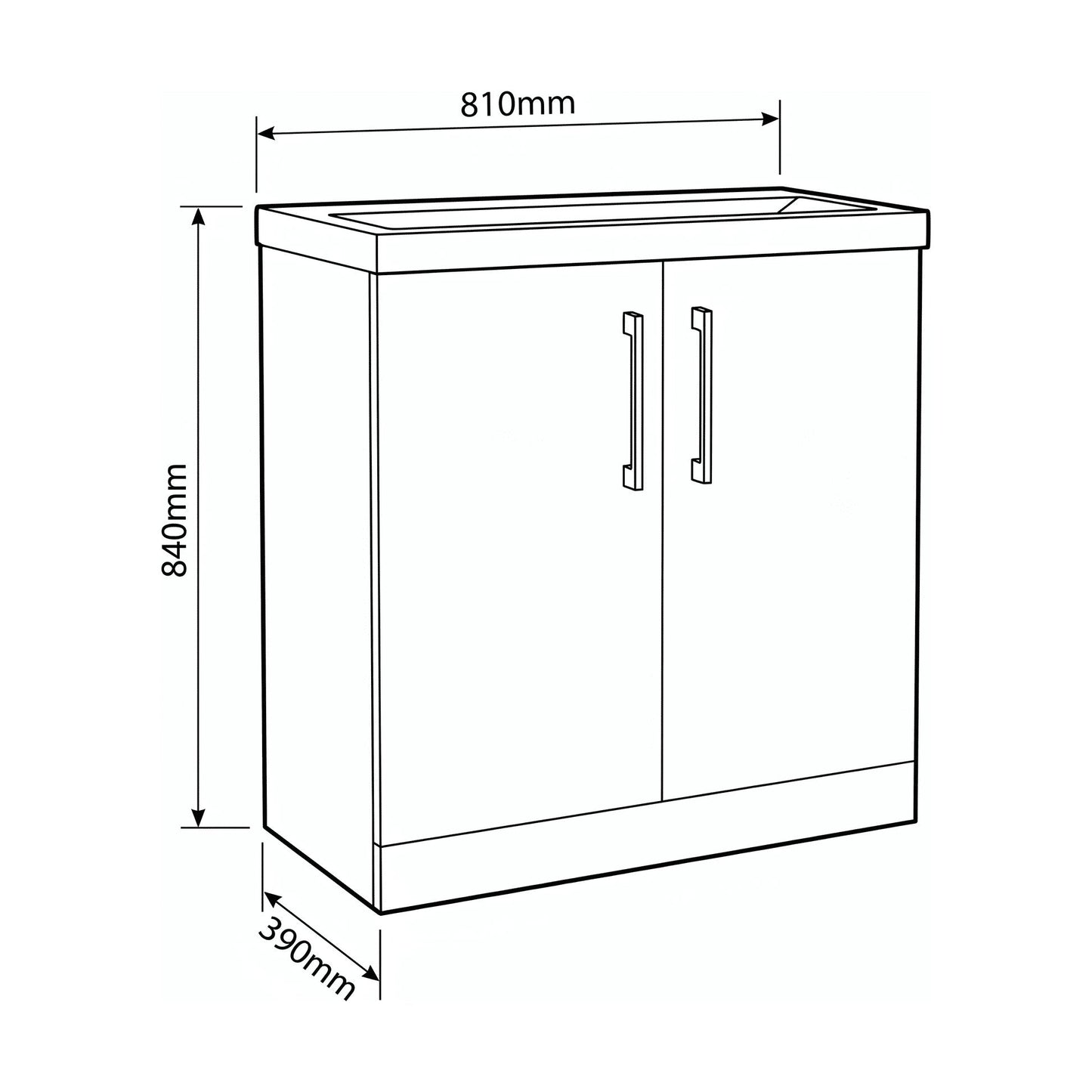[BALARN2905AH017] Bramshall Floor Standing 2-Door Vanity & Mid-Edge Basin – Choice of Colour and Handle Finish - Technical Drawing