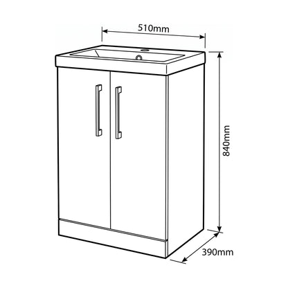 [BALARN3001AH017] Bramshall Floor Standing 2-Door Vanity & Mid-Edge Basin – Choice of Colour and Handle Finish - Technical Drawing