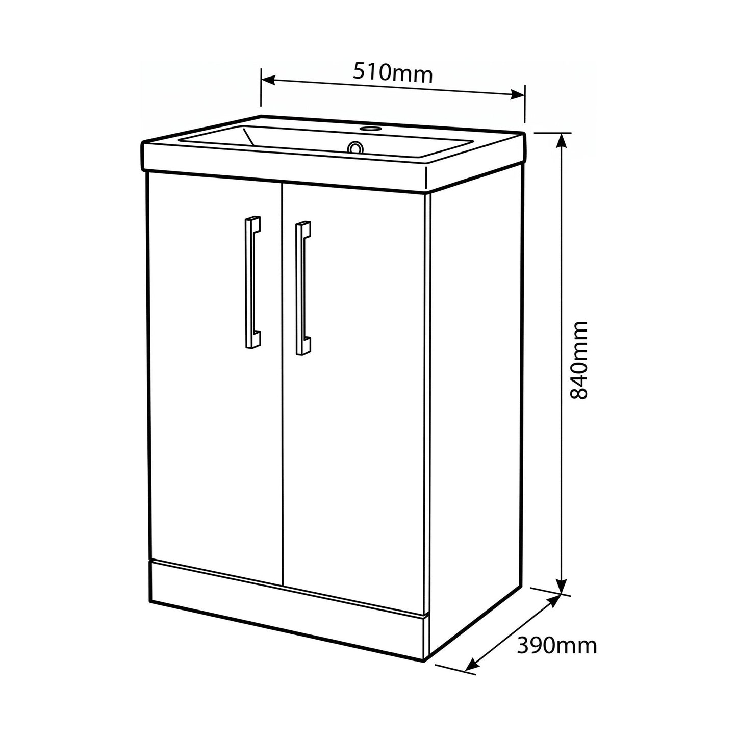 [BALARN3001AH017] Bramshall Floor Standing 2-Door Vanity & Mid-Edge Basin – Choice of Colour and Handle Finish - Technical Drawing
