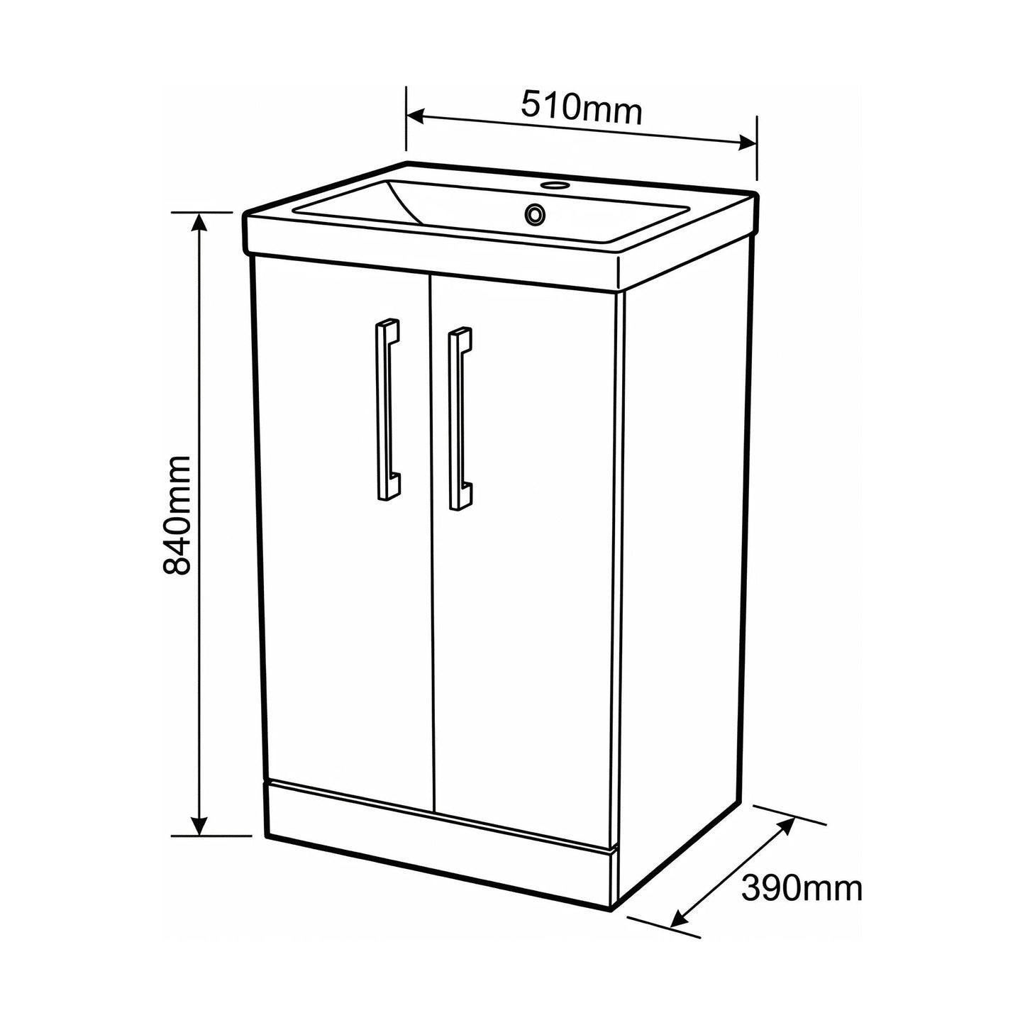 [BALARN3001AH019] Bramshall Floor Standing 2-Door Vanity & Mid-Edge Basin – Choice of Colour and Handle Finish - Technical Drawing