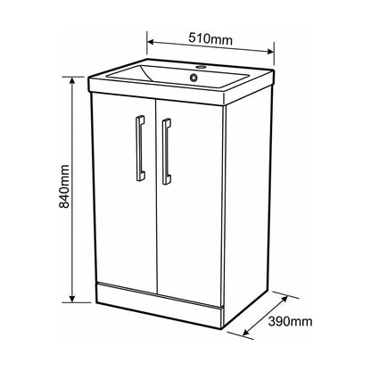 [BALARN3001AH019] Bramshall Floor Standing 2-Door Vanity & Mid-Edge Basin – Choice of Colour and Handle Finish - Technical Drawing