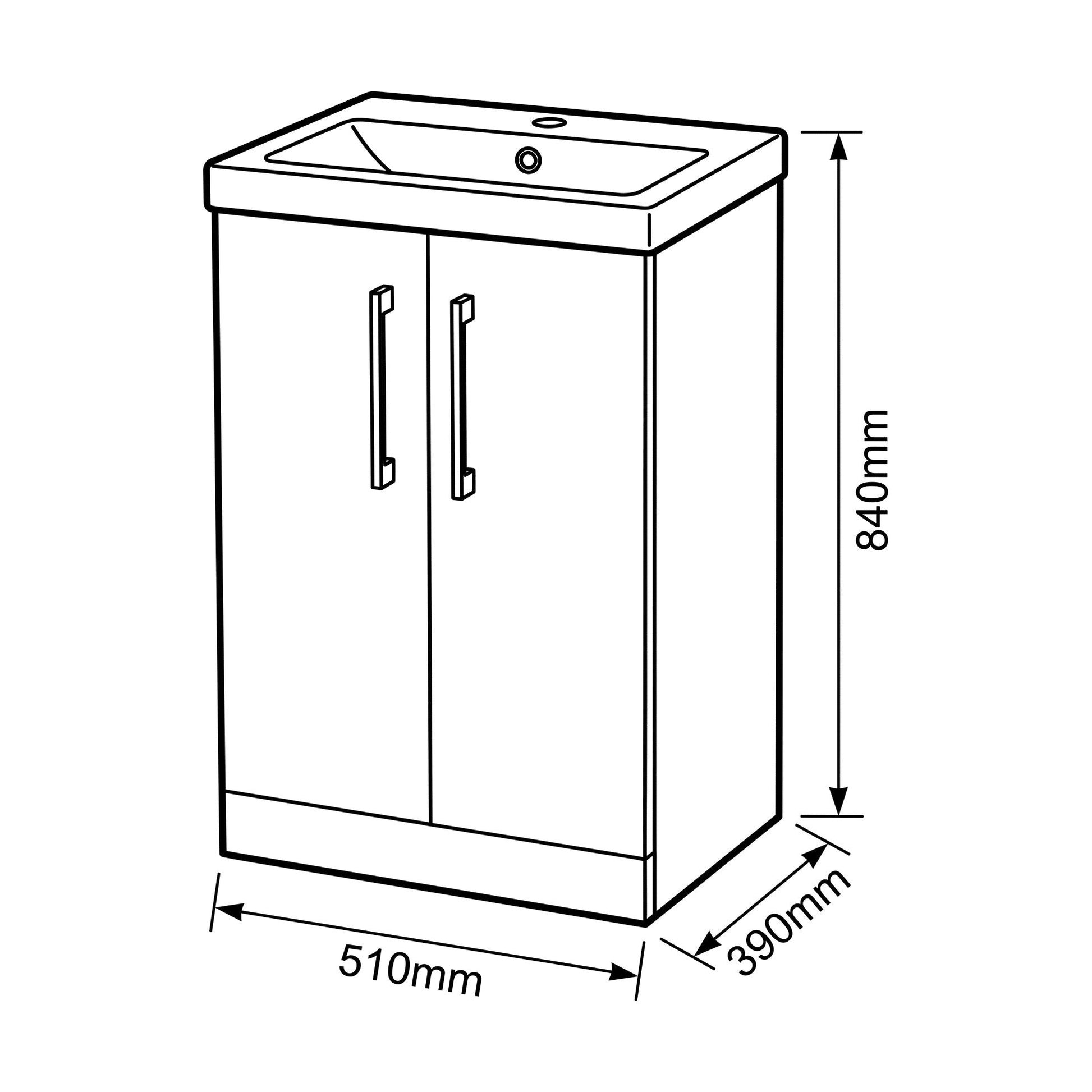 [BALARN3001AH1516] Bramshall Floor Standing 2-Door Vanity & Mid-Edge Basin – Choice of Colour and Handle Finish - Technical Drawing