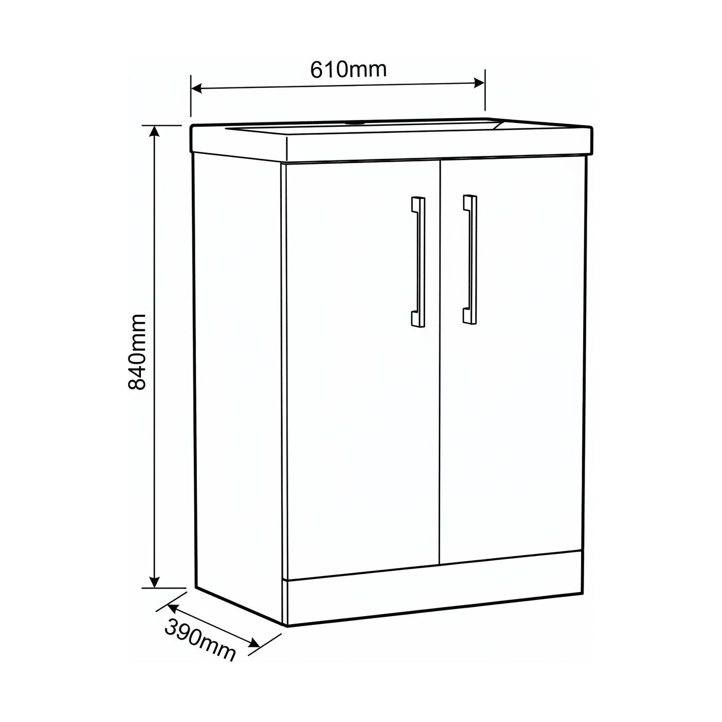 [BALARN3003AH017] Bramshall Floor Standing 2-Door Vanity & Mid-Edge Basin – Choice of Colour and Handle Finish - Technical Drawing