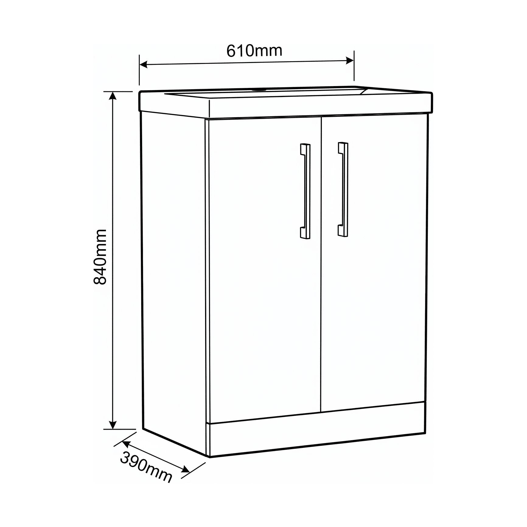 [BALARN3003AH017] Bramshall Floor Standing 2-Door Vanity & Mid-Edge Basin – Choice of Colour and Handle Finish - Technical Drawing