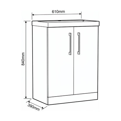 [BALARN3003AH017] Bramshall Floor Standing 2-Door Vanity & Mid-Edge Basin – Choice of Colour and Handle Finish - Technical Drawing