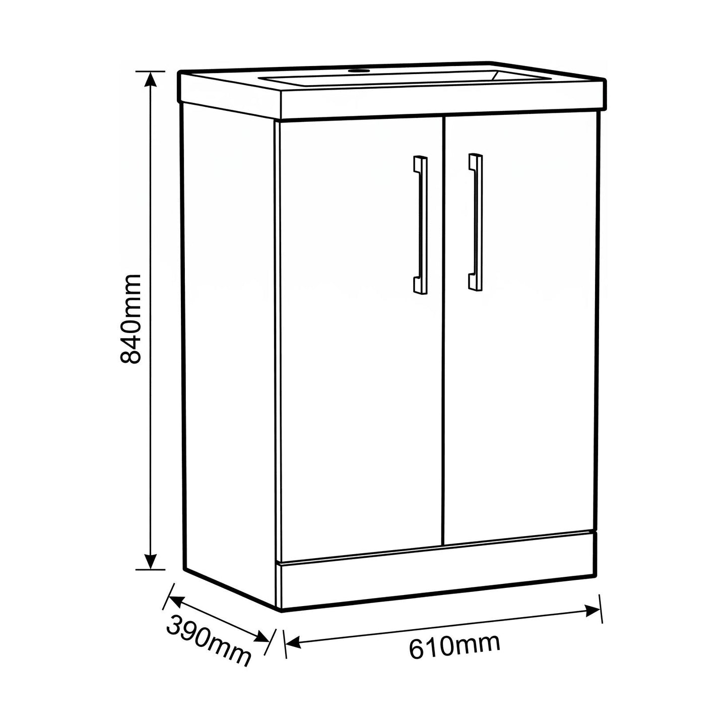 [BALARN3003AH018] Bramshall Floor Standing 2-Door Vanity & Mid-Edge Basin – Choice of Colour and Handle Finish - Technical Drawing